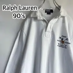 90s ラルフローレン 長袖ラガーシャツ 刺繍ロゴ Mサイズ 白色 ホワイト