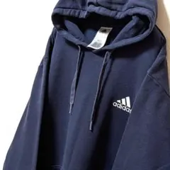 アディダス adidas ロゴ刺繍 スウェットパーカー ネイビー紺色 L古着
