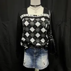 コケットコア　ホラゲ　服　ブラウス　リボン　ダークコケット　ロンT アーガイル