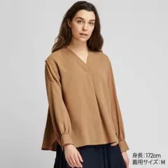 UNIQLO スキッパーカラーブラウス 長袖 ベージュ Lのサムネイル
