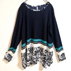 美品✨ELLE 花柄ボーダーチュニック カットソー ネイビー 長袖　M 上品のサムネイル