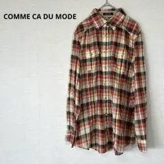 コムサデモード【15】3L チェックシャツ 2way袖 大きめ 総柄 透け感