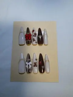 くま×いちご リボンデザイン ガーリー 韓国ネイル 量産型 金箔