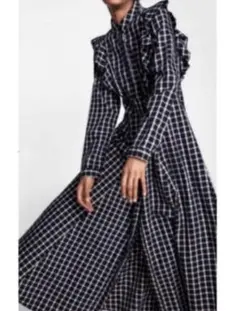 ZARA WOMAN ザラ　チェック柄フリルシャツワンピース　ロング丈　長袖
