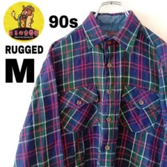 USA古着 RUGGED　ネルシャツM　ネイビーグリーン　チェック90s