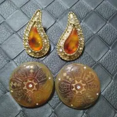 大ぶり　ヴィンテージイヤリング2点セット　昭和レトロ　ラウンド　ブラウン系