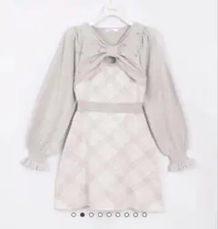 【evelyn】長袖チェックリボンニットワンピース アイスグレイ