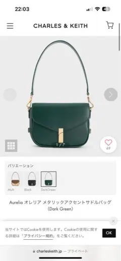 CHARLES & KEITH Aurelia ダークグリーンショルダーバッグ