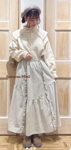✿Samansa Mos2✿綿麻縦フリルスカート　ベージュ