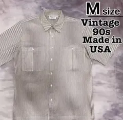 USA製　90s　半袖シャツ　M　ストライプ　ブラウン　ホワイト　薄手　古着のサムネイル