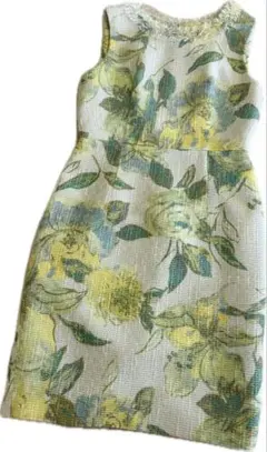 【美品】グレースコンチネンタル 花柄ツイード ワンピース／36／イエローグリーン