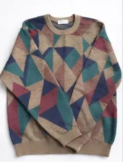 【レトロ総柄】DUNLOP ニット LL マルチカラー 古着 ヴィンテージ