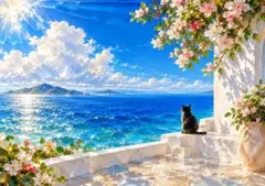 透明感の高いアートプリント 猫 海 花