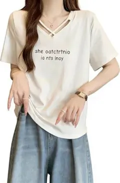Tシャツ ✨レディース 半袖 Vネック 綿 カットソー トップス 薄手 XL 白