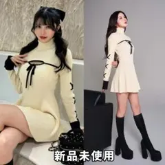 ダーリッチ バイカラーリボンデザインニットミニワンピース WHT FREE