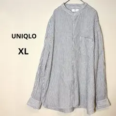 美品　ユニクロ　リネンシャツ　長袖　ストライプ　バンドカラー　XLサイズ