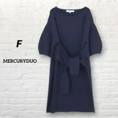 レディース　フロントリボンニットワンピース ネイビー 膝丈 F　五分袖　七分袖