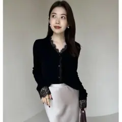 anuans アイラッシュレーストリミングニットカーディガン　BLACK