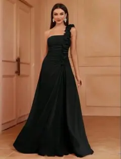 ブラックワンショルダーAラインロングドレス　ブライダル