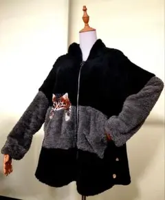 レディース・オーバーサイズ/フーディー・アウター【黒✕グレー✕猫柄・5XL】