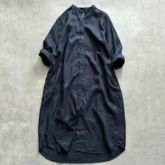 美品 無印良品 フレンチリネン洗いざらし スタンドカラー ワンピース 紺 M-L