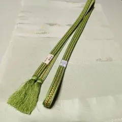帯締め帯揚げセット　黄緑　金糸　平組　長尺　正絹