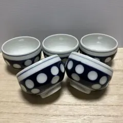 3F 昭和レトロ 湯呑み 5客セット 藍色 水玉 ドット柄 湯のみ 茶器 湯飲み