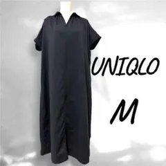 UNIQLO リネン混　フレンチスリーブロングワンピース　ネイビー　M