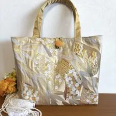 No.76 帯リメイクバック　ベージュにゴールド花柄