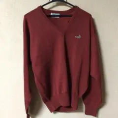 【美品】クロコダイル　薄手ニット M ワンポイントロゴ Vネック 赤　日本製のサムネイル