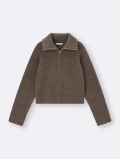 GU ブラウン ネップハーフジップ ニットプルオーバー