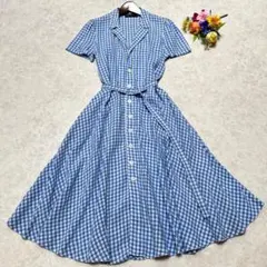 美品 ポロラルフローレン リネン ギンガムチェック フレア ロングワンピース 6