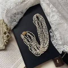 【美品】ホワイトパール 5連 多重ネックレス