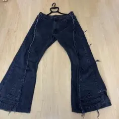 ダークデニム ワイドレッグパンツ フリンジ加工