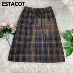 ESTACOT エスタコット　膝丈フレアスカート　チェックブラウン　61△のサムネイル