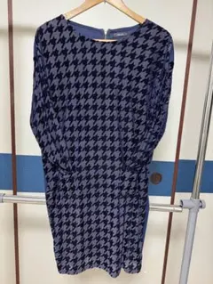 ハウンドトゥース柄 長袖ワンピース Fサイズ