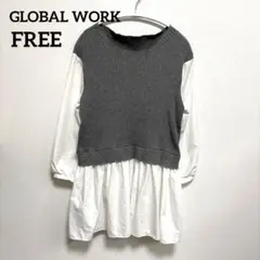 【GLOBAL WORK】メルティ布帛ドッキングニット プルオーバー F グレー