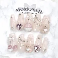 450 現品ネイルチップ フレンチガーリー さくらんぼ くまちゃん ピンク