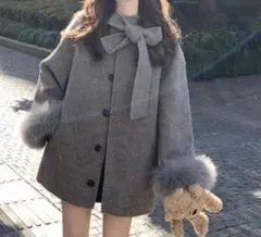 リボン付きファー袖コート グレー