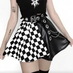 ブラック　ホワイト　ゴシック　ロック　ダイヤ　レザー　スカート　SHEIN
