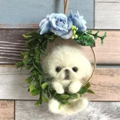 羊毛フェルト 犬 ペキニーズ リース 薔薇 飾り ハンドメイドのサムネイル