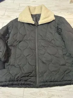 キルティングジャケット L ダークグレー ボア襟付き