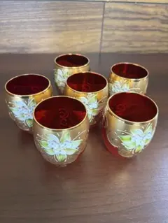 赤金花柄ガラスカップ6個セット ベネチアングラス - メルカリ