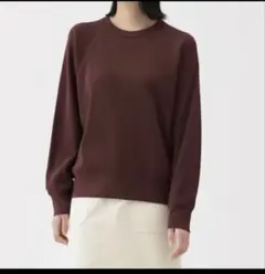 無印　クルーネック長袖シャツ　ワッフル編み　ブラウン