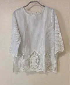 グローバルワーク　GLOBALWORK レース装飾付きストライプブラウス