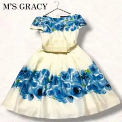 美品 エムズグレイシー 花柄 青 薔薇 フラワー フレア ワンピース Aライン