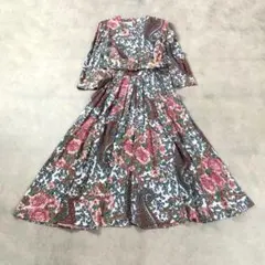 昭和レトロカラフル花柄長袖ロングワンピースレーヨン100%ベルト付き総柄古着