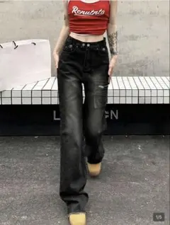 ブラック ワイドレッグデニム JP-M(M)