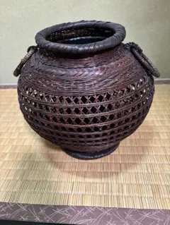 ☆ 未使用品 花器耳付スカシ① / 九籃の籃胎漆器 久留米 高さ約23