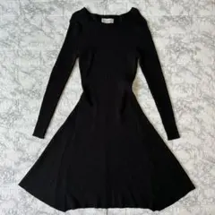 リブニットワンピース Aライン 黒 長袖 きれいめ 伸縮性◎